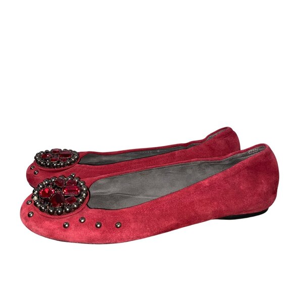 Stuart Weitzman Red Jewel Embellished studded Suede Flats Size 8 M - Picture 7 of 15